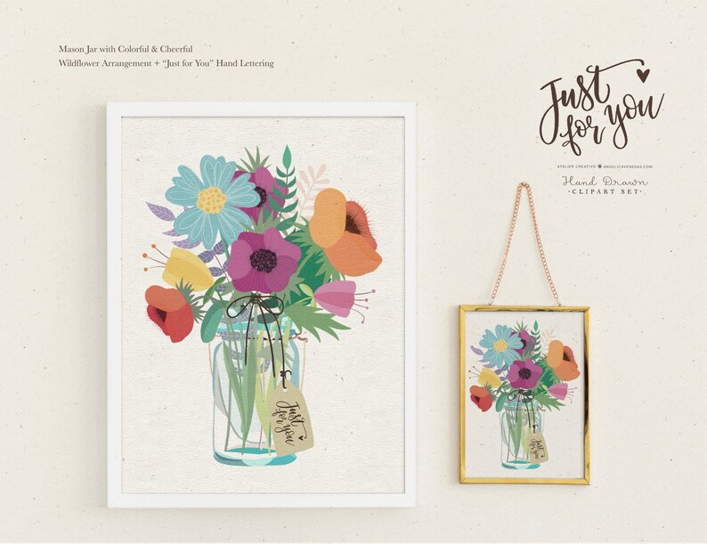 Mason Jar Clipart, Printable Cheerful Wildflower Arrangement, Floral Vase Clipart, Rustic Clipart, Bouquet Clipart, Hand Drawn Illustration image 3