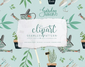 Patrón sin Costuras Amantes de la Jardinería, Estampado con herramientas del Jardín, Patrón sin Costuras Garden Lovers