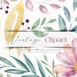 May include: A digital watercolour clipart set featuring leaves, flowers, and branches in shades of green, pink, yellow, and purple. The text "Vintage Clipart" is displayed on a white banner.