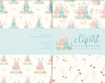 Baby Digital Paper, Delicate Clipart Bunnies, Baby Craft Digital Papers