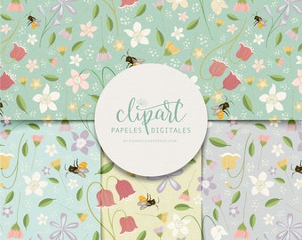 Honey Bee Digital Papers, Dainty Wildflower Patterns, Printable Papers, Cute Spring Papers