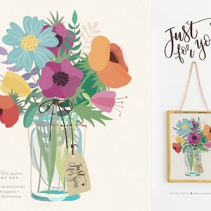 Puede incluir: Un tarro de cristal lleno de un ramo de flores de colores, incluyendo flores rojas, naranjas, amarillas, rosas y azules. El tarro tiene un lazo de cuerda marrón y una etiqueta que dice "Just for you".