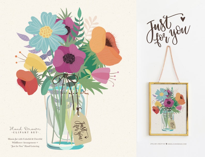 Mason Jar Clipart, Printable Cheerful Wildflower Arrangement, Floral Vase Clipart, Rustic Clipart, Bouquet Clipart, Hand Drawn Illustration image 1