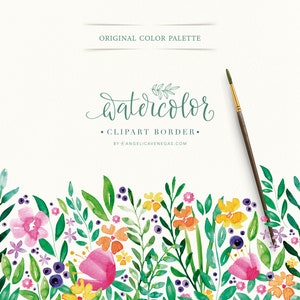 Watercolor Border, Wildflower Border, Vibrant Floral Clipart, Summer Wedding, StatIionery image 1