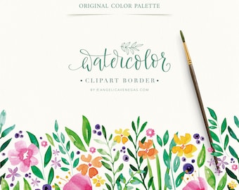 May include: Watercolor clipart border with pink, yellow, orange, green, and purple flowers, leaves, and berries. The text "watercolor clipart border" is written in cursive.