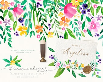 May include: Watercolor floral design kit with a variety of colorful flowers, leaves, and berries. Includes a brown wax seal stamp and a place card with the name "Angelina". The text reads "Flores & Alegrese" and "Watercolor Floral Clipart".