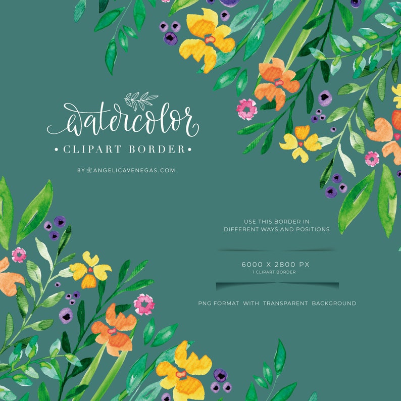 Watercolor Border, Wildflower Border, Vibrant Floral Clipart, Summer Wedding, StatIionery image 3