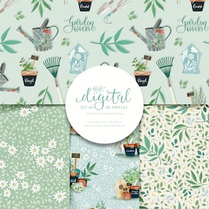 Papeles de jardinería sin costuras, conjunto digital de jardinería, archivo de jardinería, fondo de jardinería.