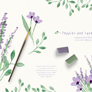 Clipart fleurs aquarelle lavande, pavot aquarelle, ensemble d'imprimés floraux, bouquet de fleurs et fleurs graphiques