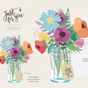 Mason Jar Clipart, Printable Cheerful Wildflower Arrangement, Floral Vase Clipart, Rustic Clipart, Bouquet Clipart, Hand Drawn Illustration image 4
