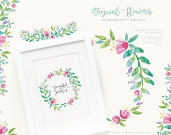 Tropical Wreath PNG & Bouquet PNG, Watercolor Flowers, Watercolor Frames, Tropical Clipart