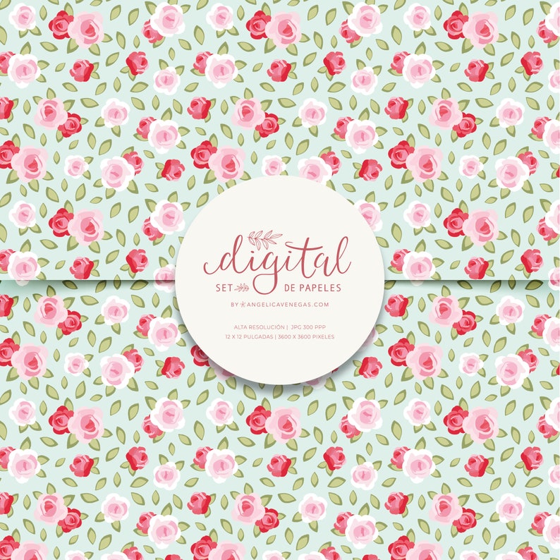 Shabby Chic Digital Paper Pack, Pink Roses, 12x12 Papers, Floral Digital Paper image 2