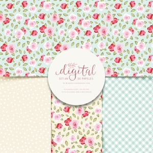 Shabby Chic Digital Paper Pack, Pink Roses, 12x12 Papers, Floral Digital Paper image 1
