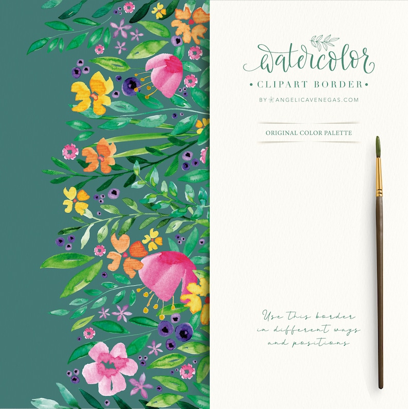 Watercolor Border, Wildflower Border, Vibrant Floral Clipart, Summer Wedding, StatIionery image 2