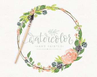 Watercolor Wreath with Peonies and Wildflowers, Rustic Wreath Clipart, Wedding Wreath for Invitations