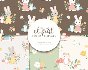 Easter Digital Papers, Cute Rabbit Illustration, Birds, and Flowers, Diy & Crafts Printable Papers, Seasonal Papers