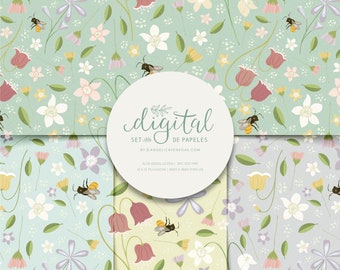 Honey Bee Digital Papers, Dainty Wildflower Patterns, Printable Papers, Cute Spring Papers