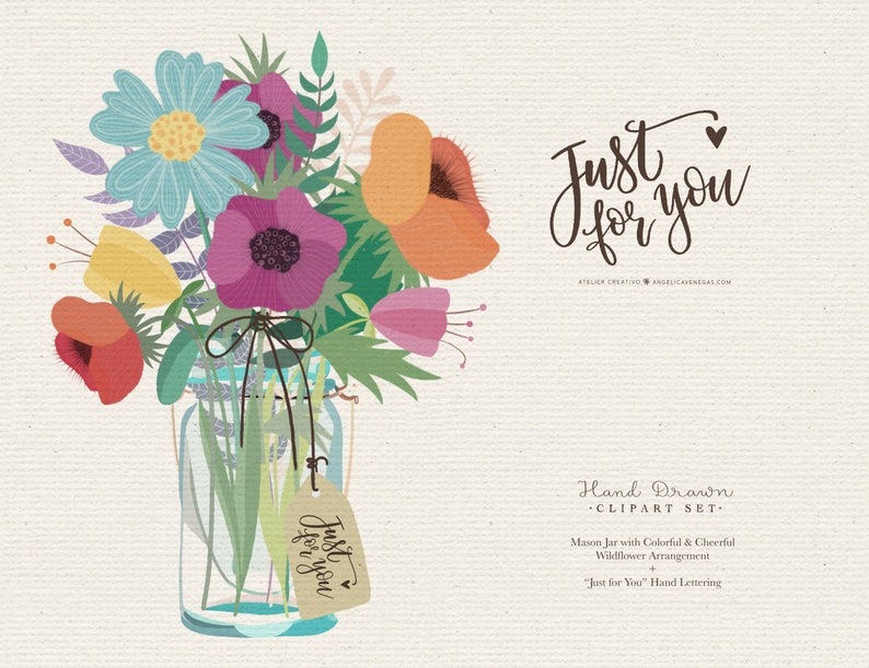 Mason Jar Clipart, Printable Cheerful Wildflower Arrangement, Floral Vase Clipart, Rustic Clipart, Bouquet Clipart, Hand Drawn Illustration image 5