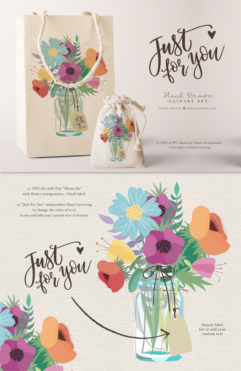 Mason Jar Clipart, Printable Cheerful Wildflower Arrangement, Floral Vase Clipart, Rustic Clipart, Bouquet Clipart, Hand Drawn Illustration image 2