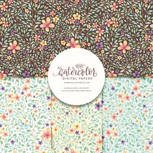 May include: A digital paper pack with three seamless patterns featuring watercolour illustrations of delicate flowers and leaves in shades of pink, yellow, blue, green, and purple on a brown, white, and light blue background. The text "Watercolor Digital Papers" is included in the image.