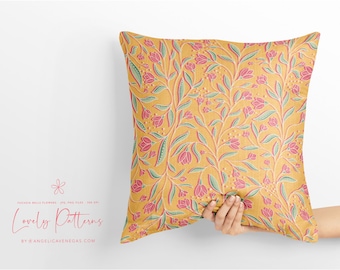 Cheerful BellFlowers, Surface Pattern Design, Floral Pattern, Orange, Fucsia, Wildflowers Pattern Print