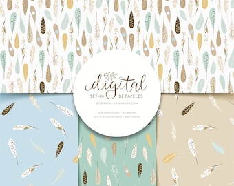 Feathers Seamless, Boho Digital, Paper Pack, Bohemian Surface Pattern