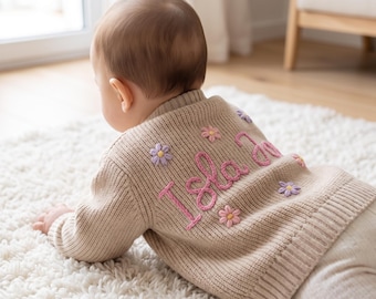 Custom Name Baby Cardigan | Hand Knit Embroidered Cotton Newborn Gift
