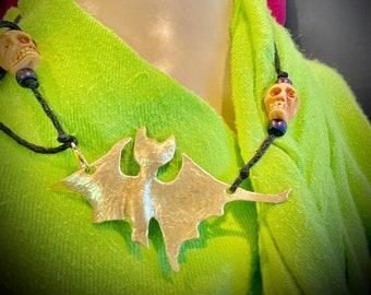 Brass Bat Necklace on Silk Kumihimo Cord + Handmade skull beads