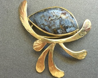 Exquisite Blue Pietersite Gemstone Brass Brooch