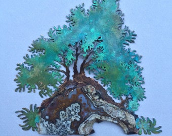 Sankan Family Bonsai  Wall Sculpture with Moss Agate Gemstone slab