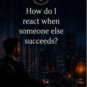 Puede incluir: Un gráfico digital con un icono de corona dorada sobre el número 6 dentro de un círculo. El texto dice: 6 How do I react when someone else succeeds? El fondo muestra la silueta de una persona con traje mirando hacia una ciudad oscura.
