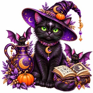 以下が含まれることがあります： 緑色の目をした黒猫が、金の月が描かれた紫色の魔女の帽子を被っています。猫の横には2匹の小さなコウモリ、オレンジ色のカボチャ、金色の天体模様が施された紫色の水差し、そして星のイラストが描かれた開いた本が置かれています。
