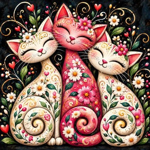 May include: Three cats with closed eyes, two cream-colored and one pink, decorated with floral patterns and daisies. The cats have curled tails and are surrounded by swirling vines, green leaves, small red hearts, and pink and white flowers.