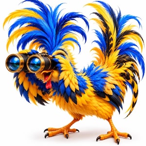 Puede incluir: Un gallo de dibujos animados con plumas de color amarillo y azul vibrante que sostiene unos binoculares negros frente a sus ojos. El ave tiene una cresta prominente de plumas largas, una carúncula roja y patas naranjas con garras negras.