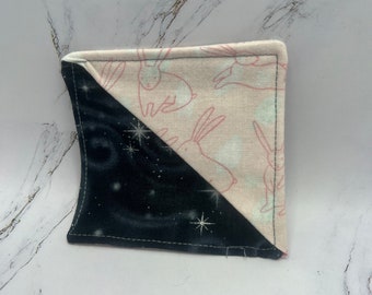 Fabric corner bookmark with bunnies in pink with black galaxy accent fabric