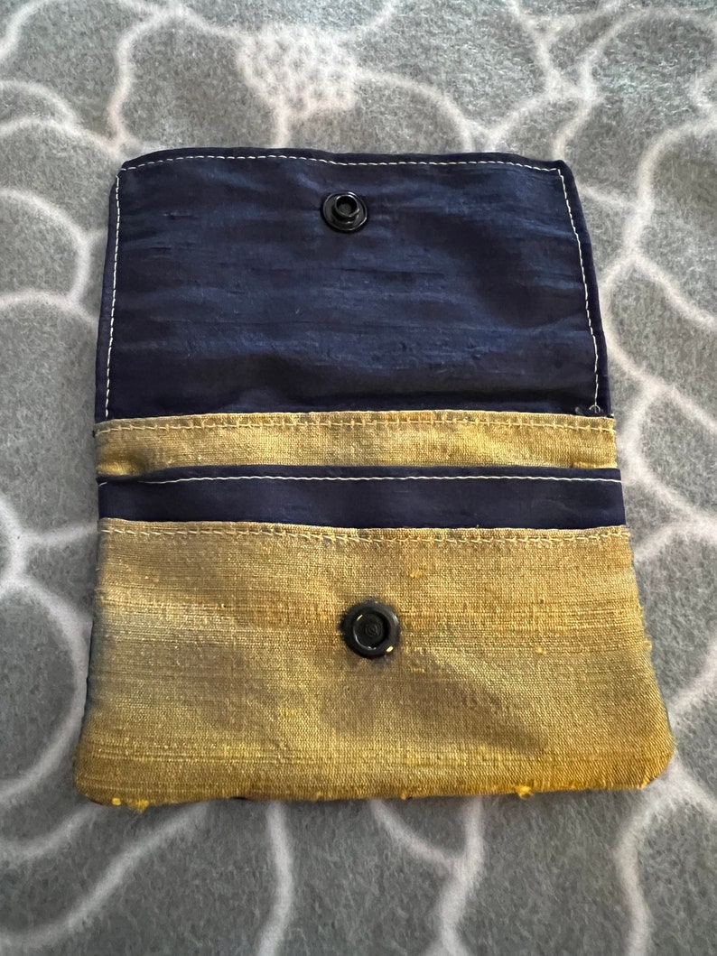 Three Pocket Wallet, purse, dark blue and gold, raw dupioni silk image 3
