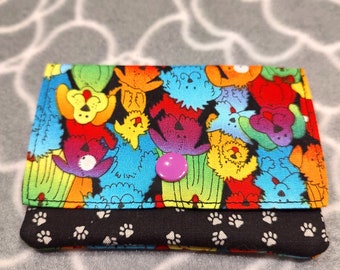 Three pocket Wallet, Cotton Rainbow Dog Fabric