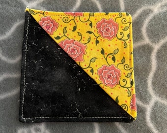 Corner bookmark, fabric, yellow, with pink flowers, and black accent fabric