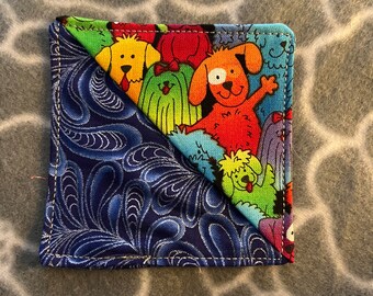 Fabric Corner Bookmark, rainbow colorful dogs with blue swirls.