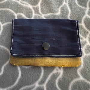 Three Pocket Wallet, purse, dark blue and gold, raw dupioni silk image 1