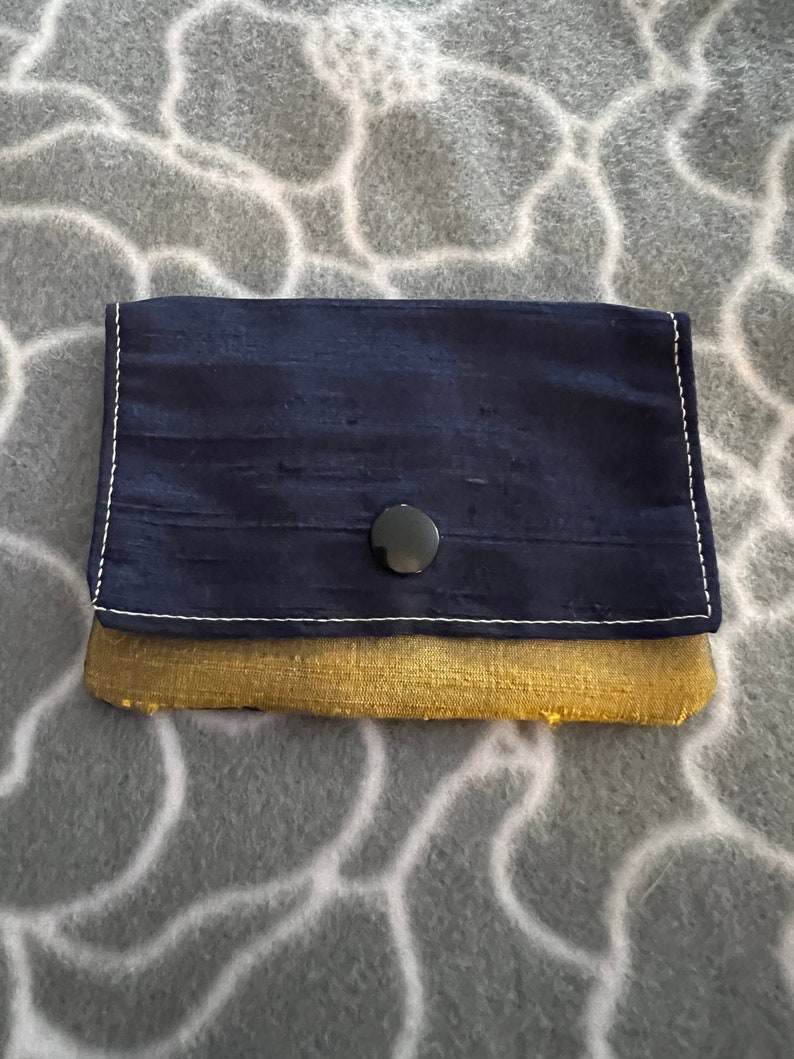 Three Pocket Wallet, purse, dark blue and gold, raw dupioni silk image 1