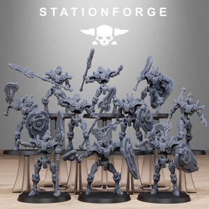 May include: A collection of ten grey unpainted miniature robot figures from StationForge. Each figure features distinct armor plating, a unique helmet design, and various handheld weapons including spears, axes, and circular shields.