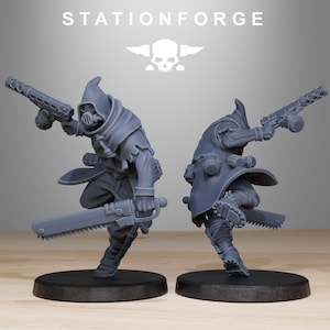 May include: Two grey miniature figurines from StationForge, each wearing a hooded cloak and gas mask. One figure holds a pistol and a chainsword, while the other is shown from a rear angle with similar gear, including grenades on a belt.