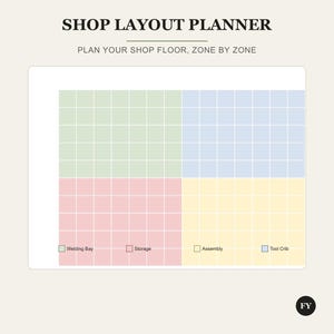 May include: A shop layout planner document with the text SHOP LAYOUT PLANNER and PLAN YOUR SHOP FLOOR, ZONE BY ZONE. It features a grid divided into four colored quadrants: green, blue, pink, and yellow, with labels for Welding Bay, Storage, Assembly, and Tool Crib.