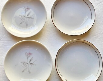 Set of Two Pairs of Vintage Butter Pats, Signed, Made in Japan, Pink floral set, Silver rimmed set, Ceramic or Porcelain, Grandmillennial