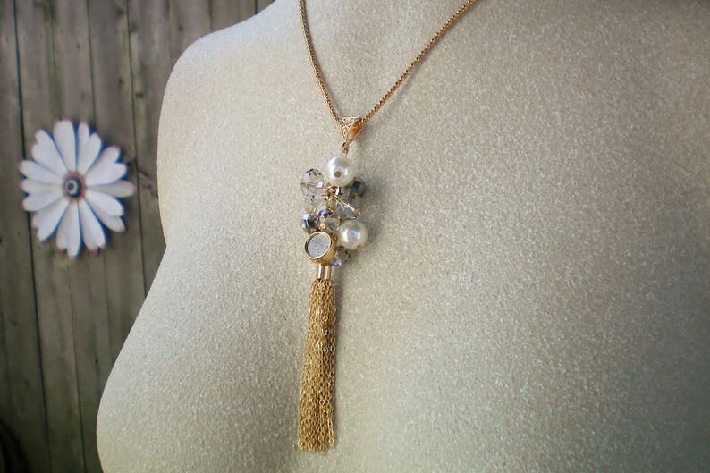 Gift for her Long tassel and bead cluster necklace Crystal and pearl pendant necklace Recycled vintage Genuine handmade