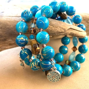 Turquoise & Tortoise Shell Bracelet: Recycled Assemblage, Artisan Handmade,  Memory Wire Wrap
