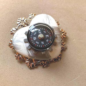 Compass, Gear and Heart  Brooch Pin: Steampunk Style, Vintage Handmade Recycled Assemblage Jewelry