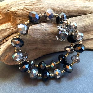 Recycled Assemblage Memory Wire Bracelet: Faceted Black & Gray Crystal Beads, Vintage Handcrafted