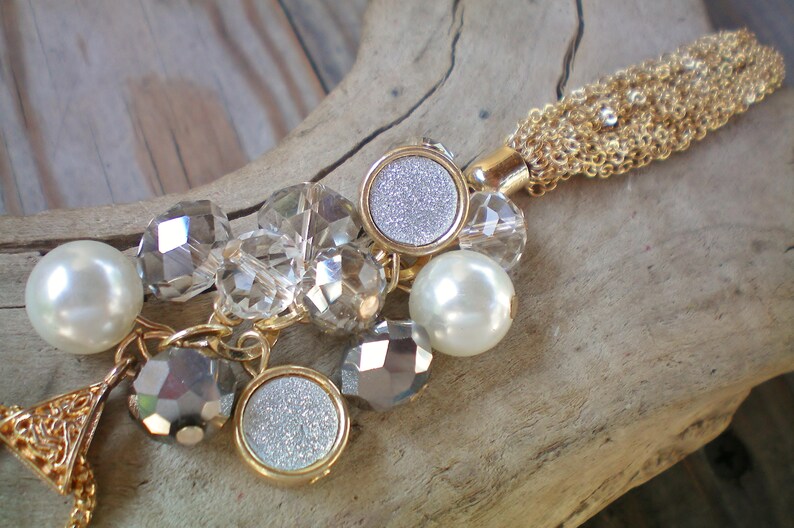 Gift for her Long tassel and bead cluster necklace Crystal and pearl pendant necklace Recycled vintage Genuine handmade